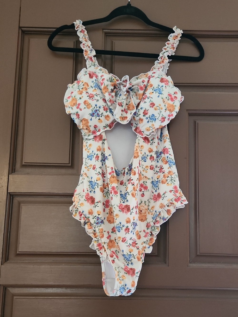 Floral Ruffled One-Piece Swimsuit - Cream with Orange & Blue Blooms